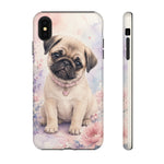 Pug Puppy Phone Case, Pastel Watercolor Heart Collar Cover