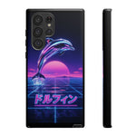 Neon Dolphin Retro Wave Tough Case | Vaporwave Japanese Text, 80s Synth Sunset