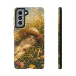 Summer Sunhat Cat Phone Case, Painterly Grass Art Cover