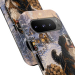 Bernese Mountain Dog Winter Scene phone case | snowy cabin, log cart