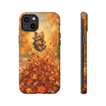 Yorkshire Terrier Jumping in Autumn Leaves Tough Case | Fall Dog Phone Cover
