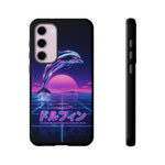Neon Dolphin Retro Wave Tough Case | Vaporwave Japanese Text, 80s Synth Sunset