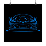 C8 Poster Blue Line Art Front View Chevy Sports Car Wall Print Garage Decor