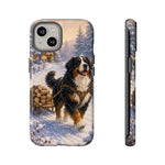 Bernese Mountain Dog Winter Scene phone case | snowy cabin, log cart