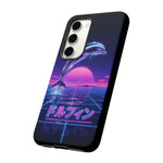 Neon Dolphin Retro Wave Tough Case | Vaporwave Japanese Text, 80s Synth Sunset