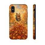 Yorkshire Terrier Jumping in Autumn Leaves Tough Case | Fall Dog Phone Cover
