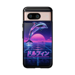 Neon Dolphin Retro Wave Tough Case | Vaporwave Japanese Text, 80s Synth Sunset