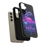 Neon Dolphin Retro Wave Tough Case | Vaporwave Japanese Text, 80s Synth Sunset