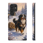 Bernese Mountain Dog Winter Scene phone case | snowy cabin, log cart