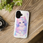 Pastel Cat Phone Case, Headphones Glitch Color Block Cover