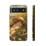 Summer Sunhat Cat Phone Case, Painterly Grass Art Cover