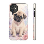 Pug Puppy Phone Case, Pastel Watercolor Heart Collar Cover