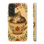 Teacup Cat Phone Case, Cozy Folk Illustration Art Cover