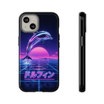 Neon Dolphin Retro Wave Tough Case | Vaporwave Japanese Text, 80s Synth Sunset