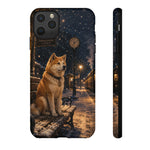 Shiba Inu at Snowy Train Station Phone Case | Winter Dog Scene