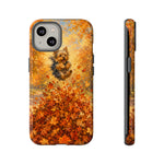 Yorkshire Terrier Jumping in Autumn Leaves Tough Case | Fall Dog Phone Cover