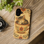 Teacup Cat Phone Case, Cozy Folk Illustration Art Cover