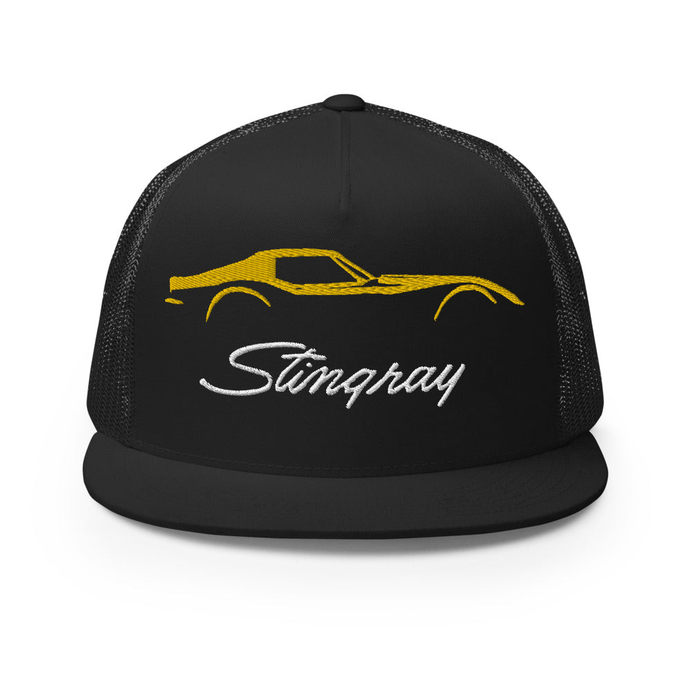 C3 Corvette Stingray Yellow Outline Silhouette 3rd Gen Vette Drivers Embroidered 5 panel Trucker Cap for Chevy Classic Car Owners