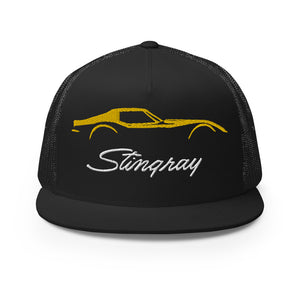 C3 Corvette Stingray Yellow Outline Silhouette 3rd Gen Vette Drivers Embroidered 5 panel Trucker Cap for Chevy Classic Car Owners