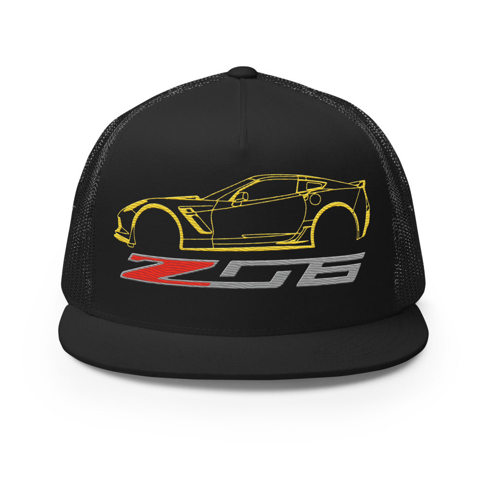 Yellow C7 Corvette Z06 Trucker hat for 7th Gen Vette Drivers Owners Car Show 5 Panel Cap