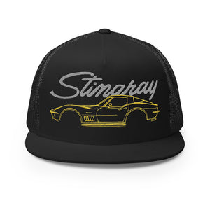 1969 Corvette C3 Stingray Chevy Classic Car Drivers Yellow 69 Vette Line Art 5 panel Trucker Cap