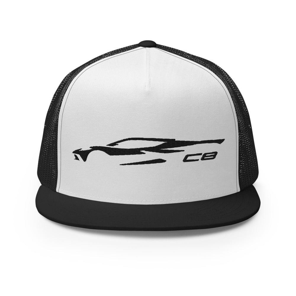 2023 Corvette C8 Outline Silhouette Black 8th Gen Custom Embroidered 5 Panel Trucker Cap Snapback Hat