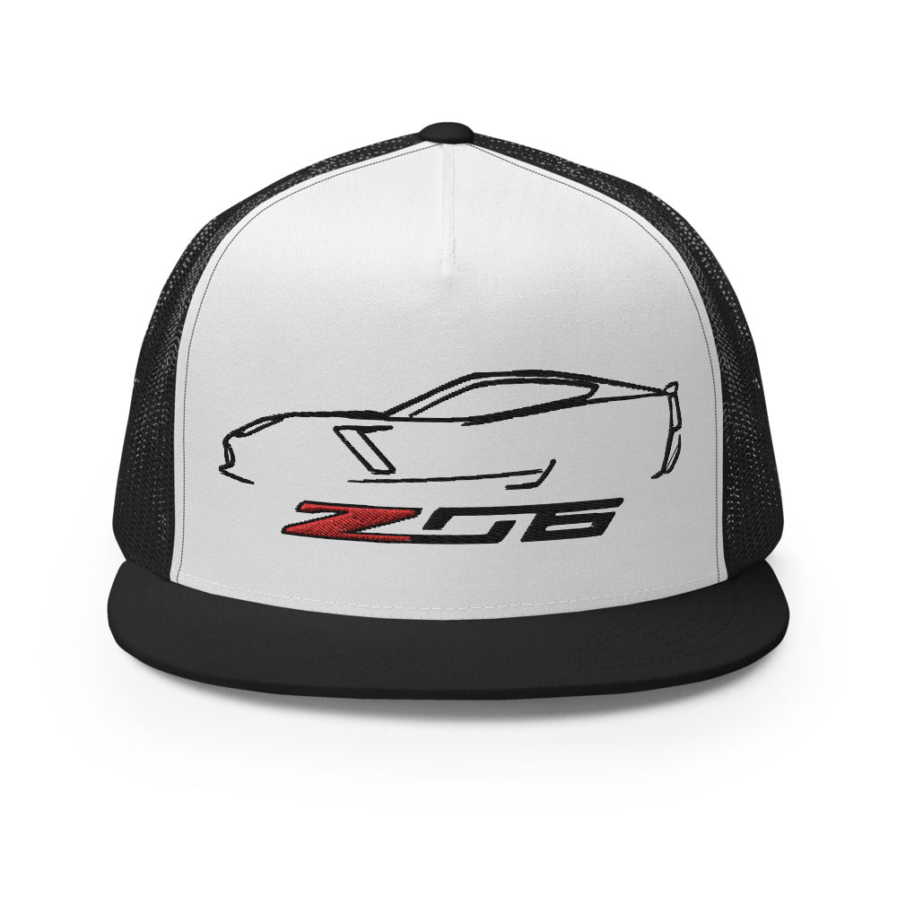 Vette Apparel Corvette Z06 C7 Silhouette Custom Car Club Custom Embroidered 5 Panel Trucker Cap Snapback Hat