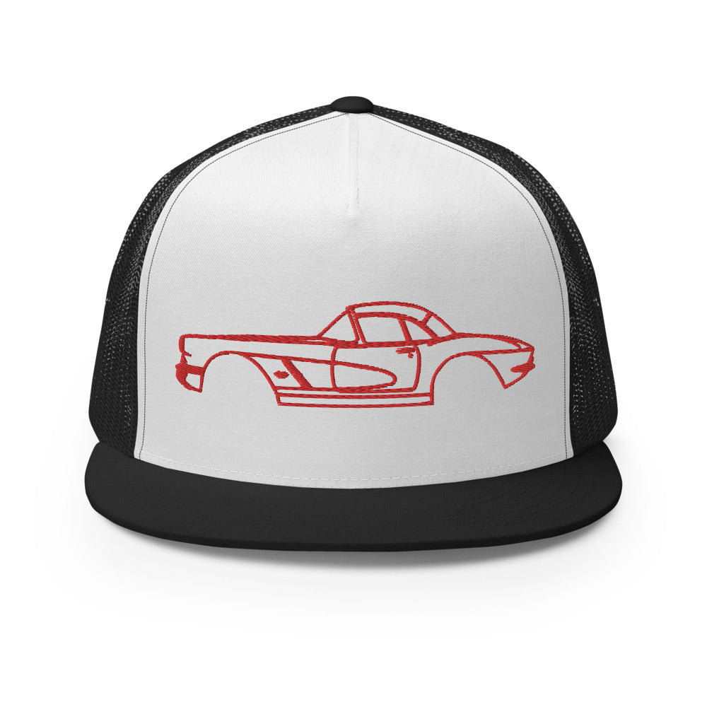 1961 Corvette Red Lines Antique Collector Car Custom Embroidered 5 Panel Trucker Cap Snapback Hat