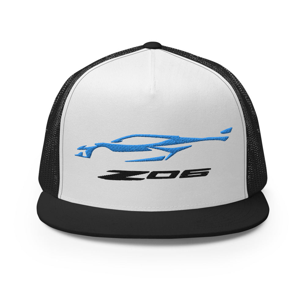 2023 Corvette Z06 C8 Rapid Blue Vette Silhouette Custom Embroidered 5 Panel Trucker Cap Snapback Hat