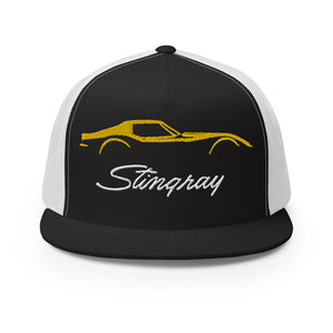 C3 Corvette Stingray Yellow Outline Silhouette 3rd Gen Vette Drivers Embroidered 5 panel Trucker Cap for Chevy Classic Car Owners