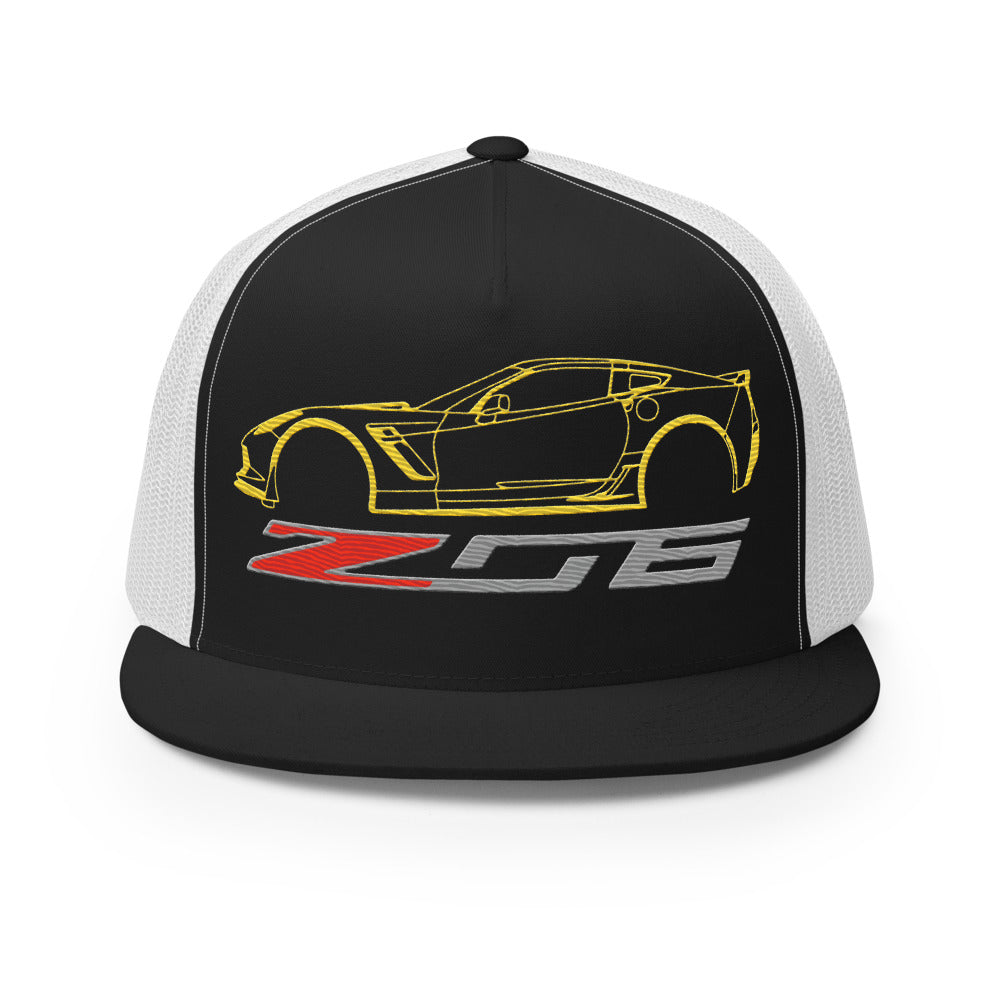 Yellow C7 Corvette Z06 Trucker hat for 7th Gen Vette Drivers Owners Car Show 5 Panel Cap