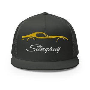 C3 Corvette Stingray Yellow Outline Silhouette 3rd Gen Vette Drivers Embroidered 5 panel Trucker Cap for Chevy Classic Car Owners