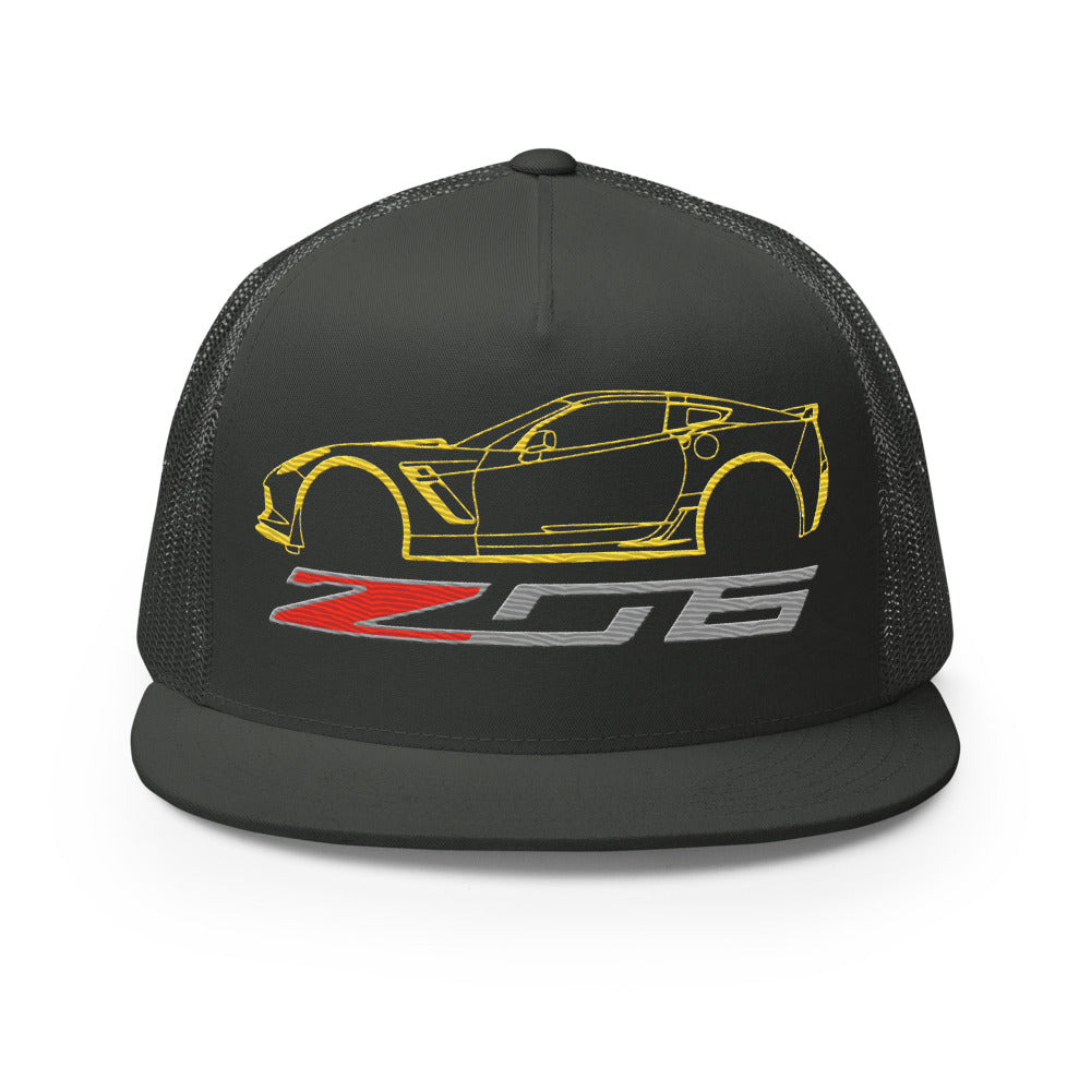 Yellow C7 Corvette Z06 Trucker hat for 7th Gen Vette Drivers Owners Car Show 5 Panel Cap