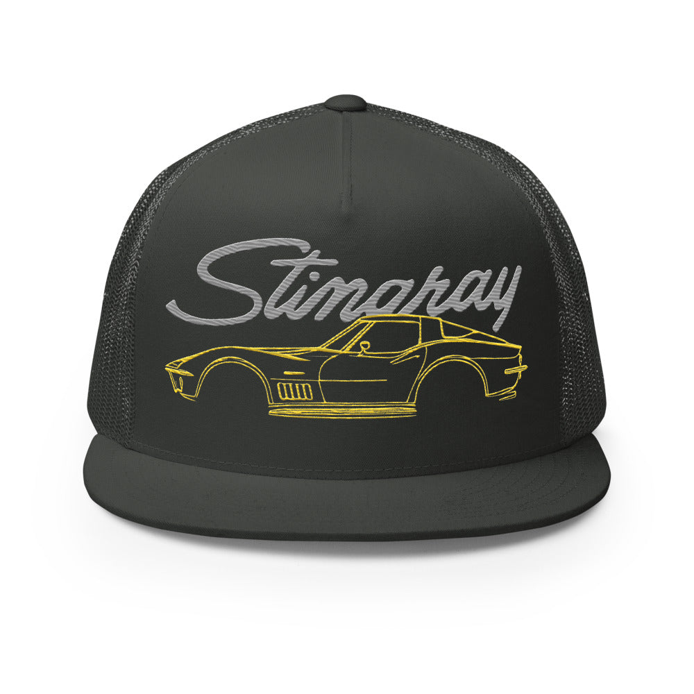1969 Corvette C3 Stingray Chevy Classic Car Drivers Yellow 69 Vette Line Art 5 panel Trucker Cap