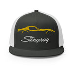 C3 Corvette Stingray Yellow Outline Silhouette 3rd Gen Vette Drivers Embroidered 5 panel Trucker Cap for Chevy Classic Car Owners