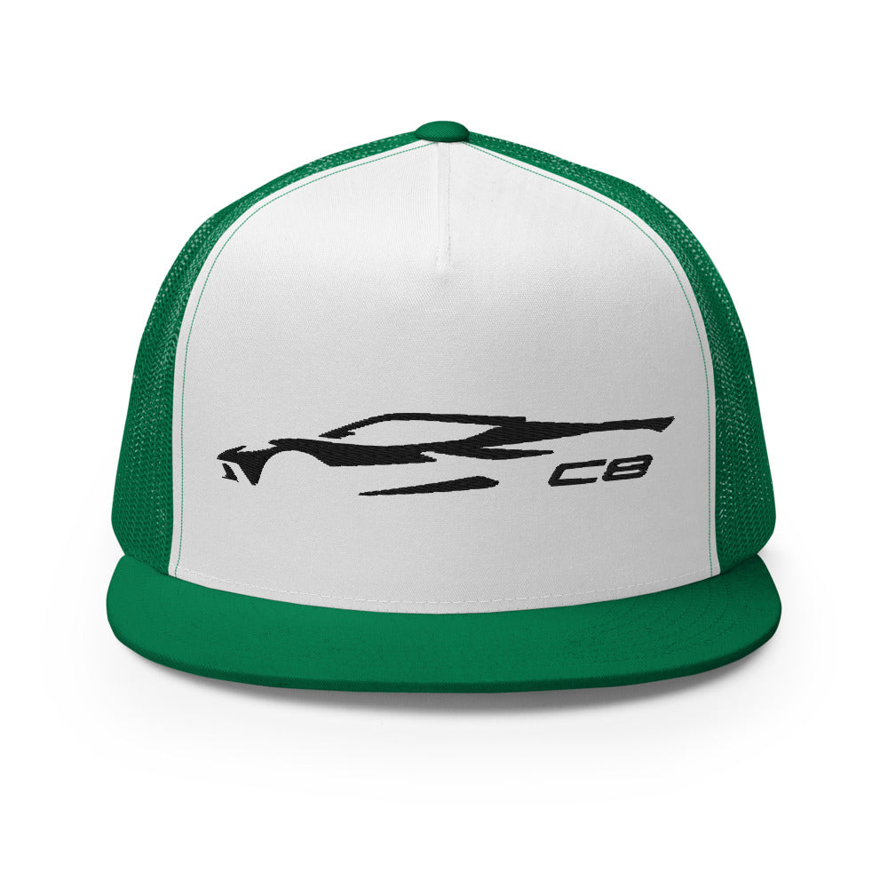 2023 Corvette C8 Outline Silhouette Black 8th Gen Custom Embroidered 5 Panel Trucker Cap Snapback Hat