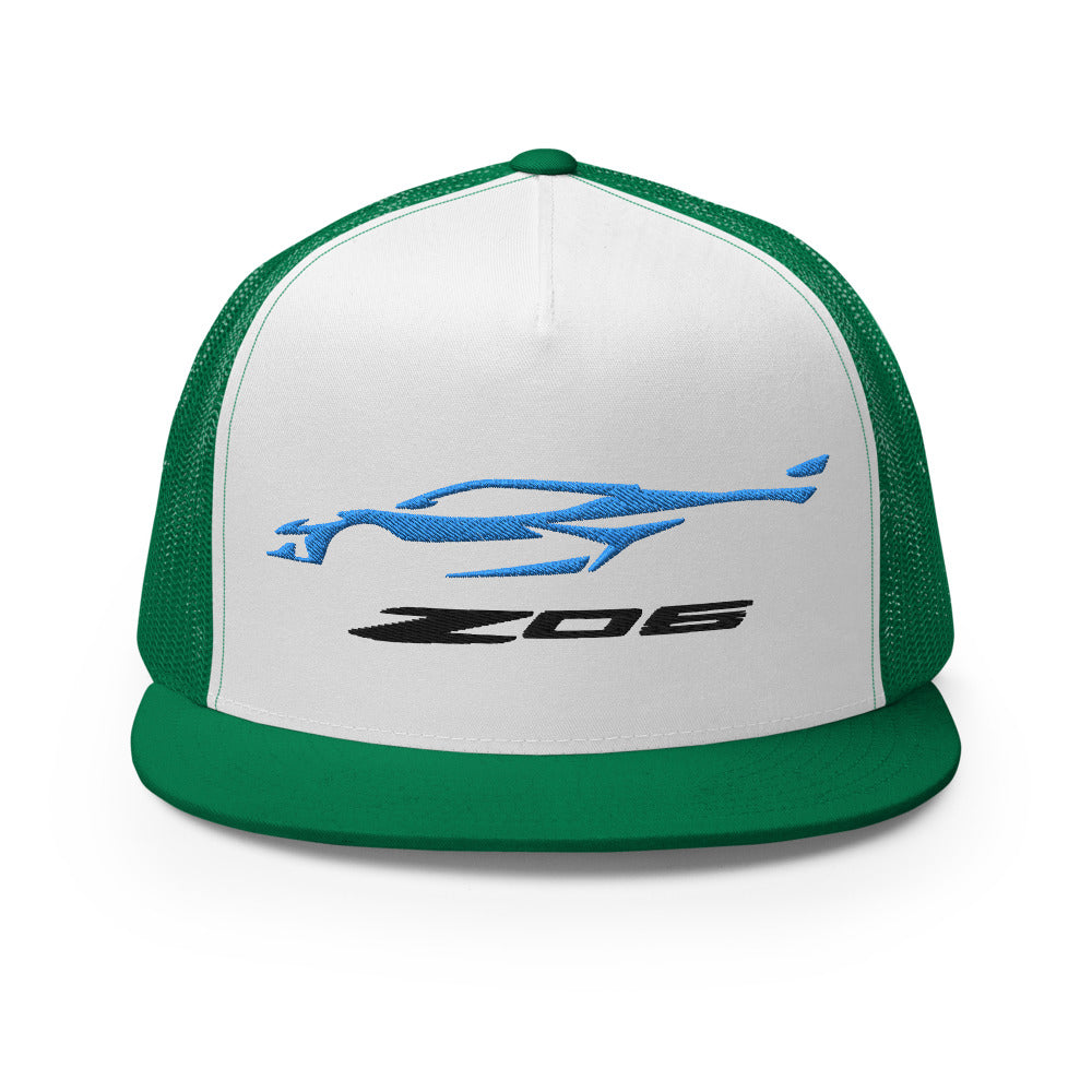 2023 Corvette Z06 C8 Rapid Blue Vette Silhouette Custom Embroidered 5 Panel Trucker Cap Snapback Hat