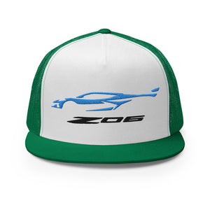 2023 Corvette Z06 C8 Rapid Blue Vette Silhouette Custom Embroidered 5 Panel Trucker Cap Snapback Hat