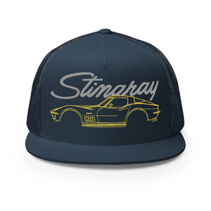 1969 Corvette C3 Stingray Chevy Classic Car Drivers Yellow 69 Vette Line Art 5 panel Trucker Cap