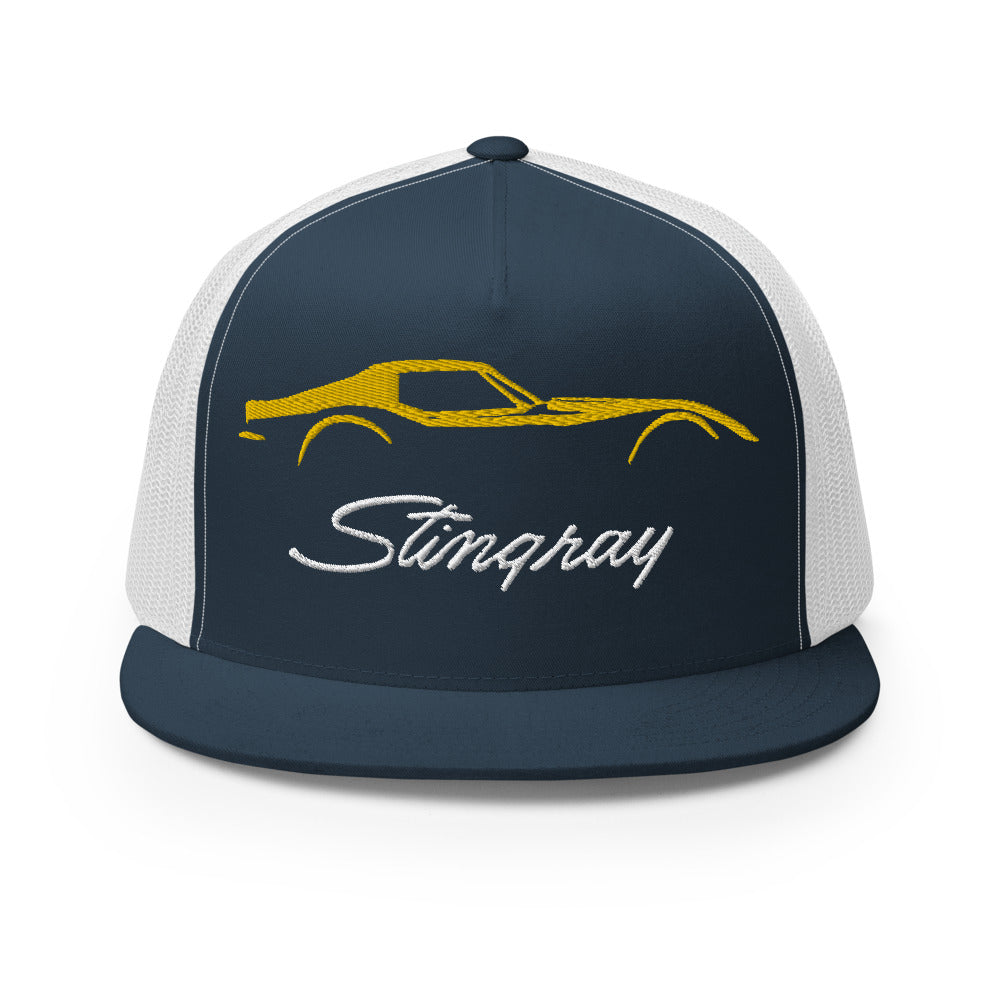 C3 Corvette Stingray Yellow Outline Silhouette 3rd Gen Vette Drivers Embroidered 5 panel Trucker Cap for Chevy Classic Car Owners