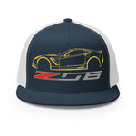 Yellow C7 Corvette Z06 Trucker hat for 7th Gen Vette Drivers Owners Car Show 5 Panel Cap