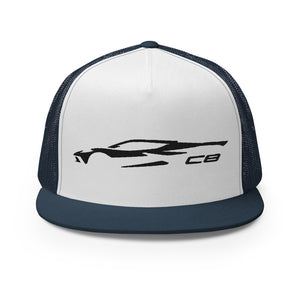 2023 Corvette C8 Outline Silhouette Black 8th Gen Custom Embroidered 5 Panel Trucker Cap Snapback Hat