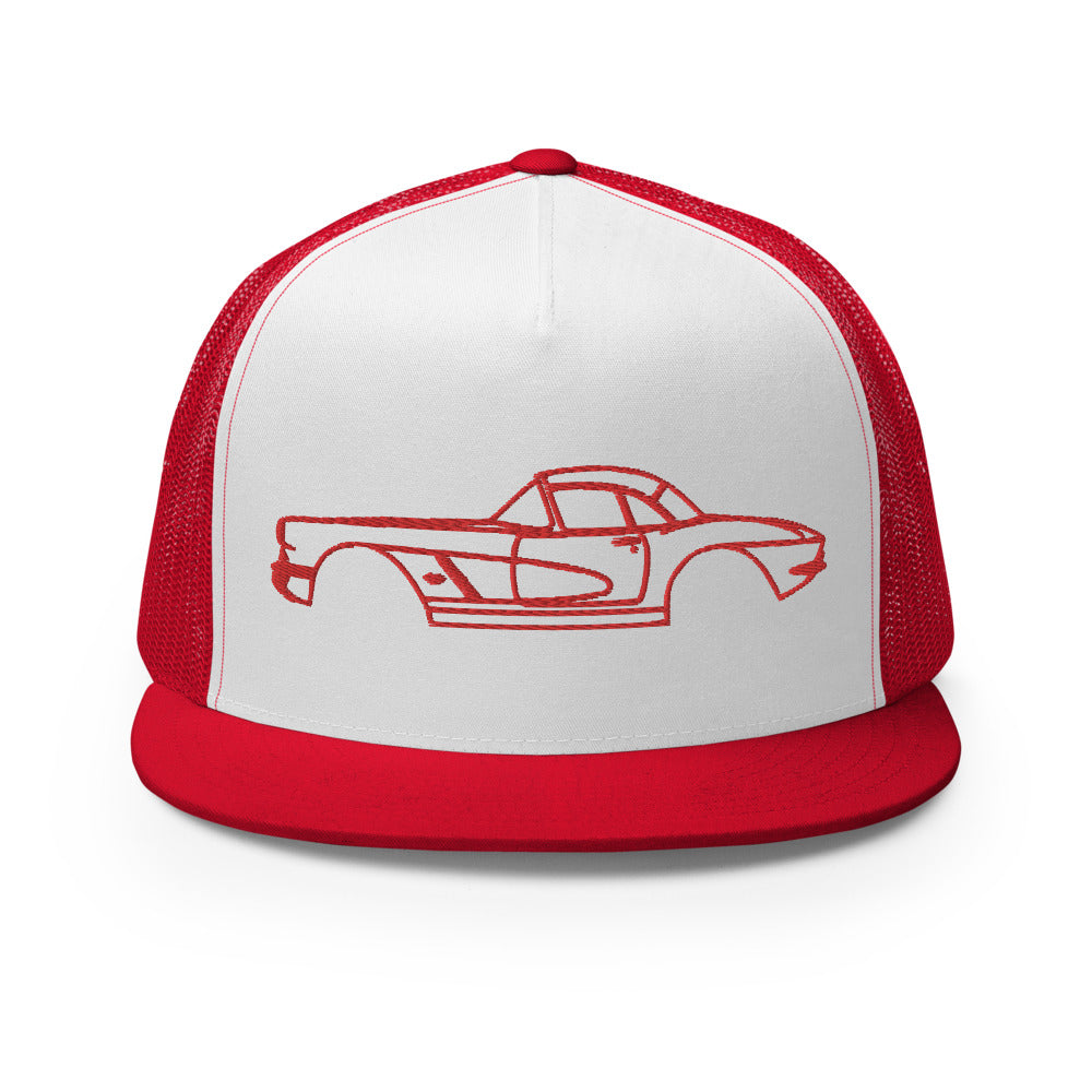 1961 Corvette Red Lines Antique Collector Car Custom Embroidered 5 Panel Trucker Cap Snapback Hat