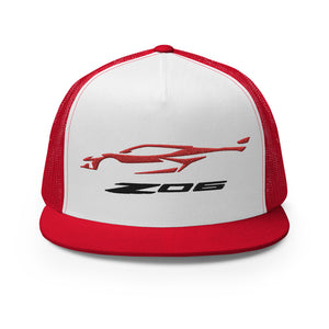 2023 Corvette Z06 C8 Torch Red Vette Silhouette Custom Embroidered 5 Panel Trucker Cap Snapback Hat