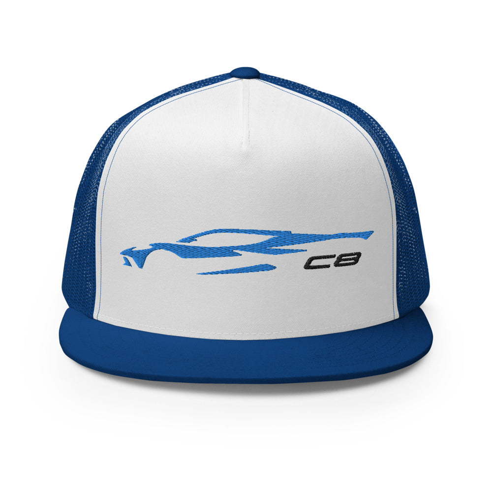 2023 Corvette C8 Outline Silhouette Rapid Blue 8th Gen Custom Embroidered 5 Panel Trucker Cap Snapback Hat