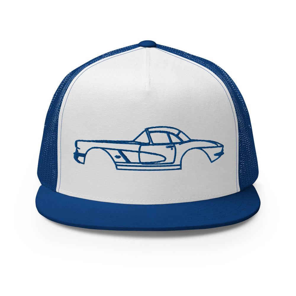 1961 Corvette Jewel Blue Antique Collector Car Custom Embroidered 5 Panel Trucker Cap Snapback Hat