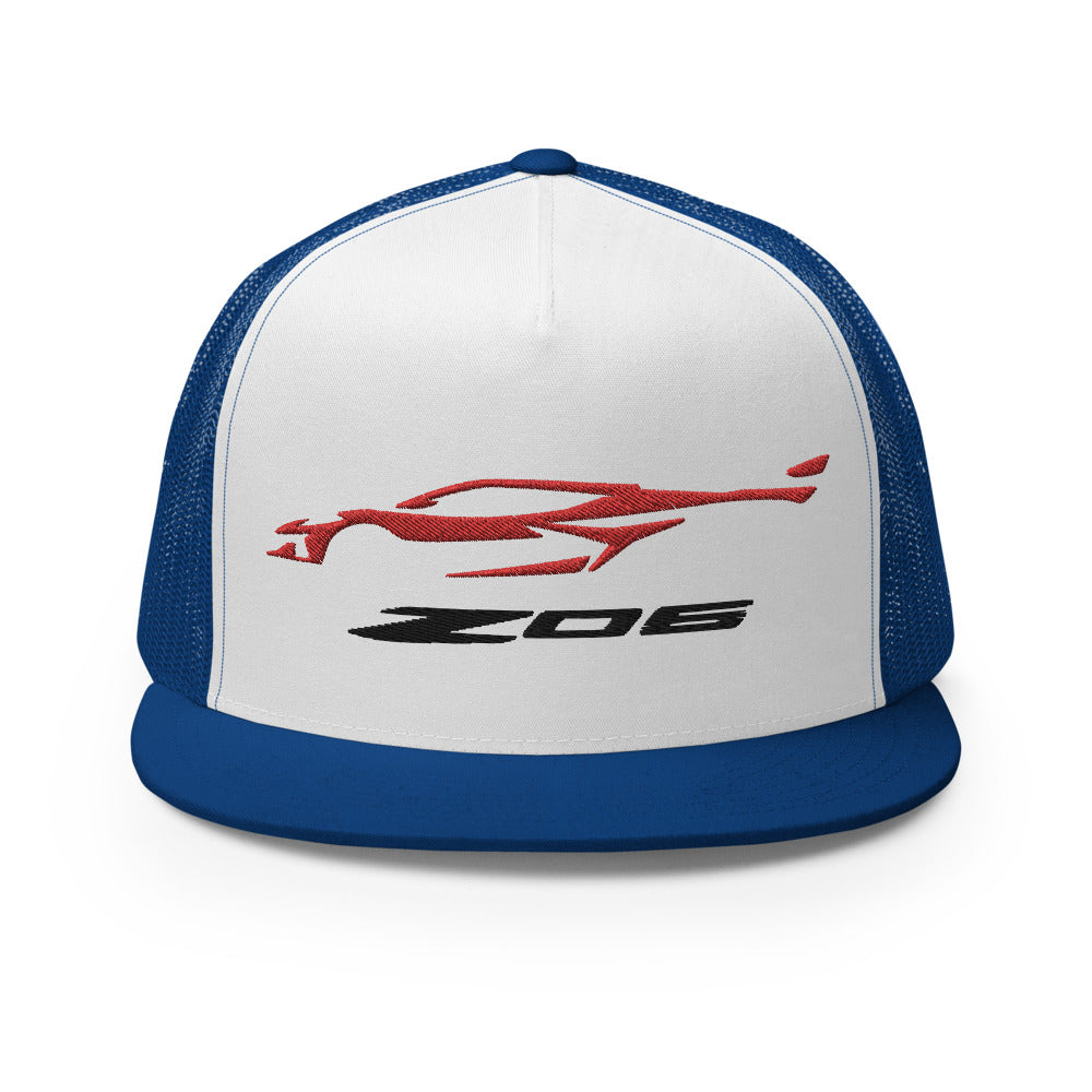 2023 Corvette Z06 C8 Torch Red Vette Silhouette Custom Embroidered 5 Panel Trucker Cap Snapback Hat