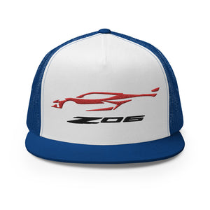 2023 Corvette Z06 C8 Torch Red Vette Silhouette Custom Embroidered 5 Panel Trucker Cap Snapback Hat