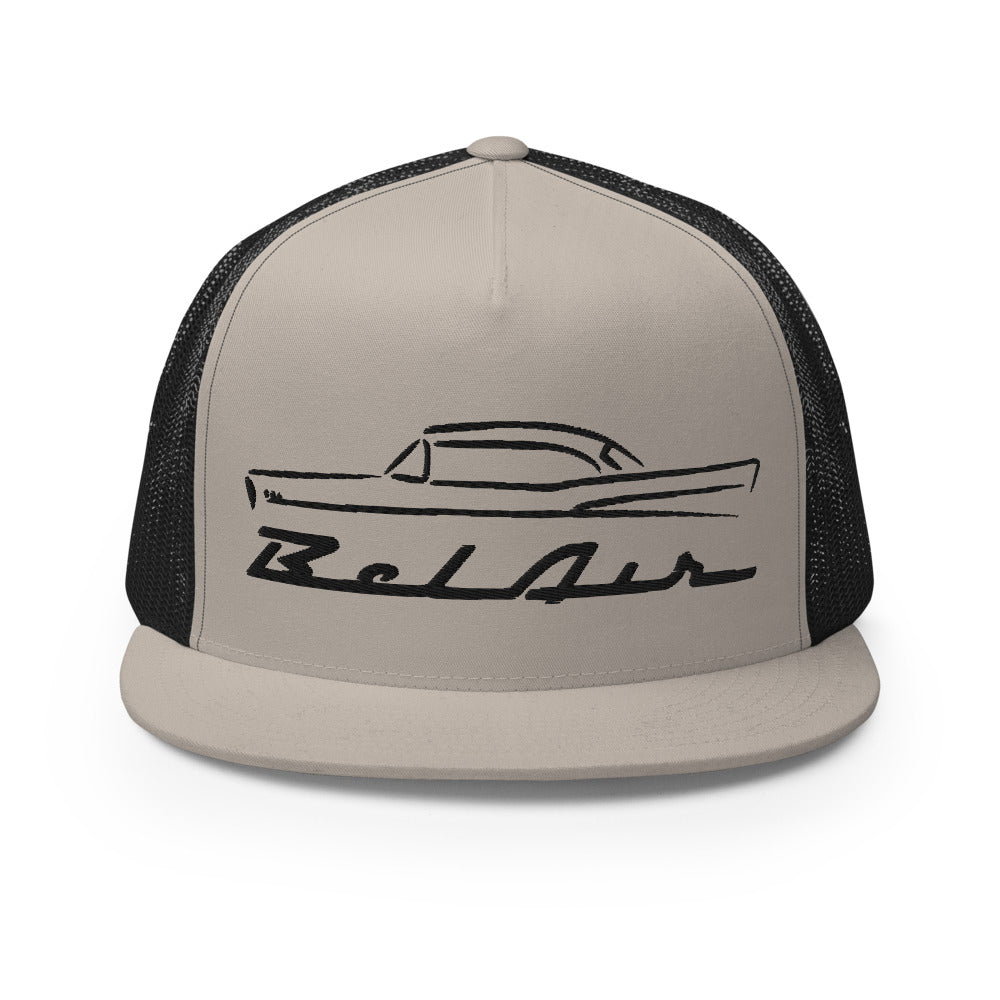 1957 Chevy 57 Belair Bel Air Outline Antique American Collector Car Custom Embroidered 5 Panel Trucker Cap Snapback Hat