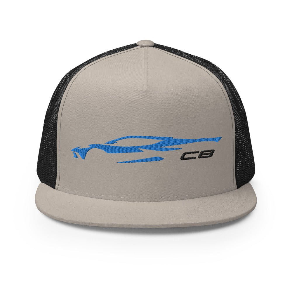 2023 Corvette C8 Outline Silhouette Rapid Blue 8th Gen Custom Embroidered 5 Panel Trucker Cap Snapback Hat